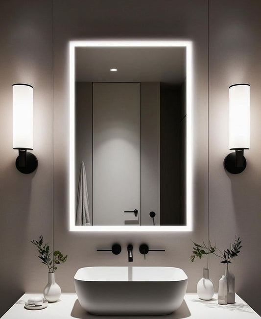 Modern bathroom setup with a illuminated mirror, sink, and wall lights.