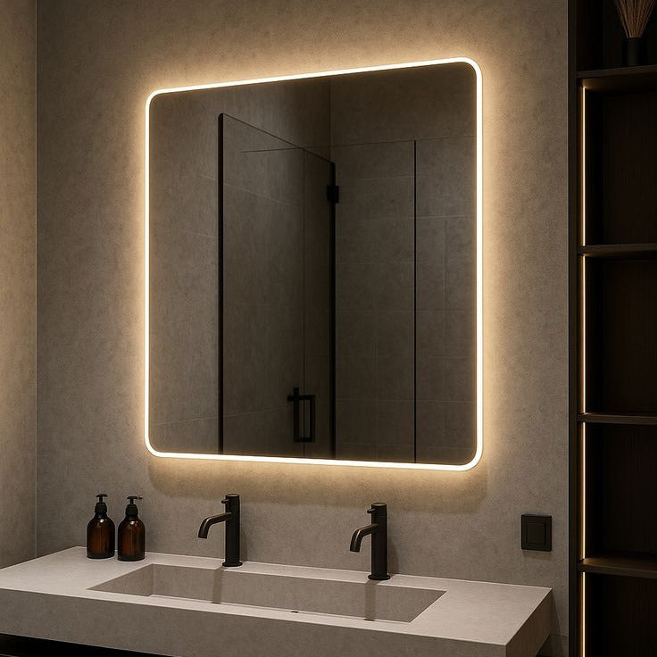 Bathroom vanity with illuminated mirror and sink