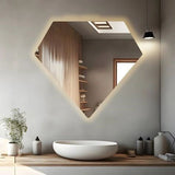 Hexagonal mirror with LED lighting in a modern bathroom setting