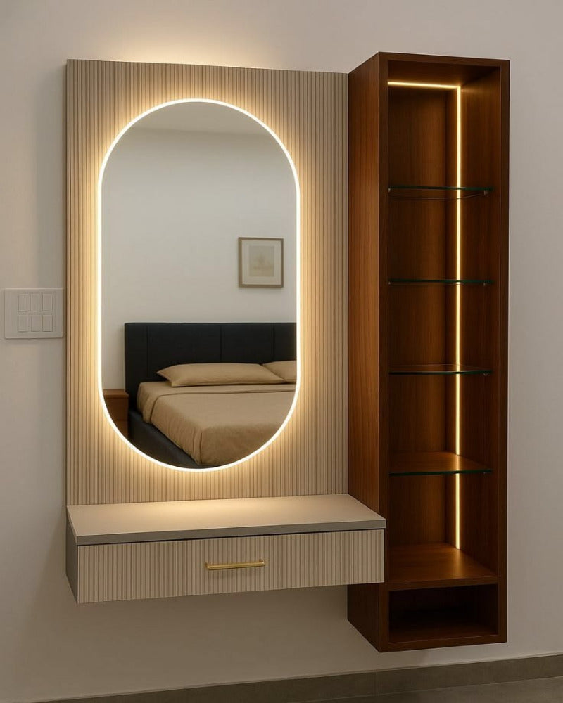 Modern bedroom setup with a large mirror and wooden shelf.