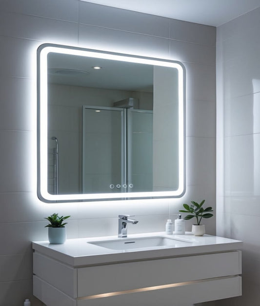 Bathroom vanity with illuminated mirror, sink, and decorative plants.