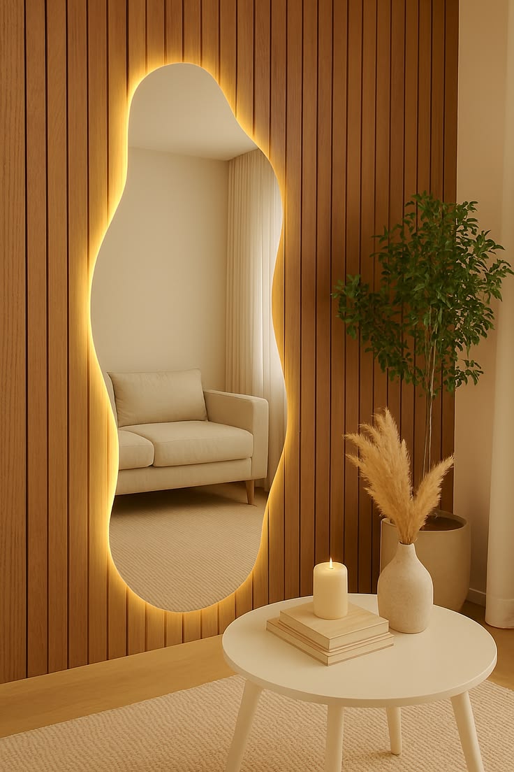 Decorative mirror with a wooden frame and LED lighting in a room with a sofa and table.