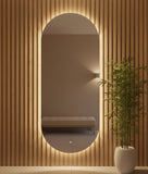 Oval mirror with LED lighting on a wooden wall next to a potted plant