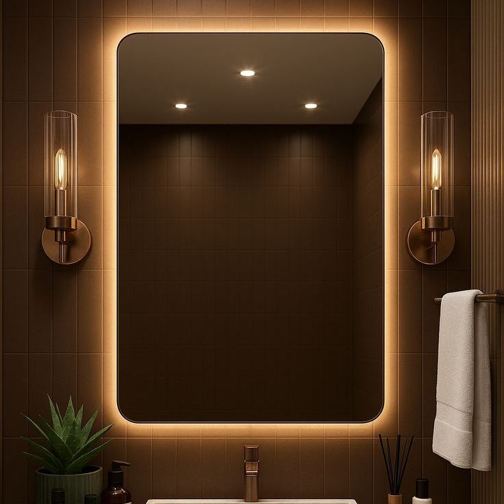 Bathroom vanity with illuminated mirror, sink, and decorative elements.