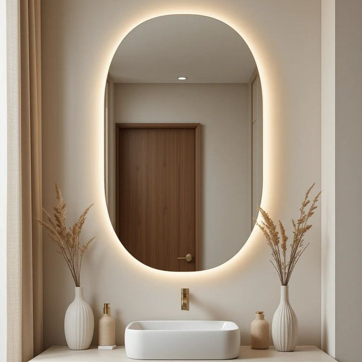 Modern bathroom vanity with illuminated mirror and decorative elements.